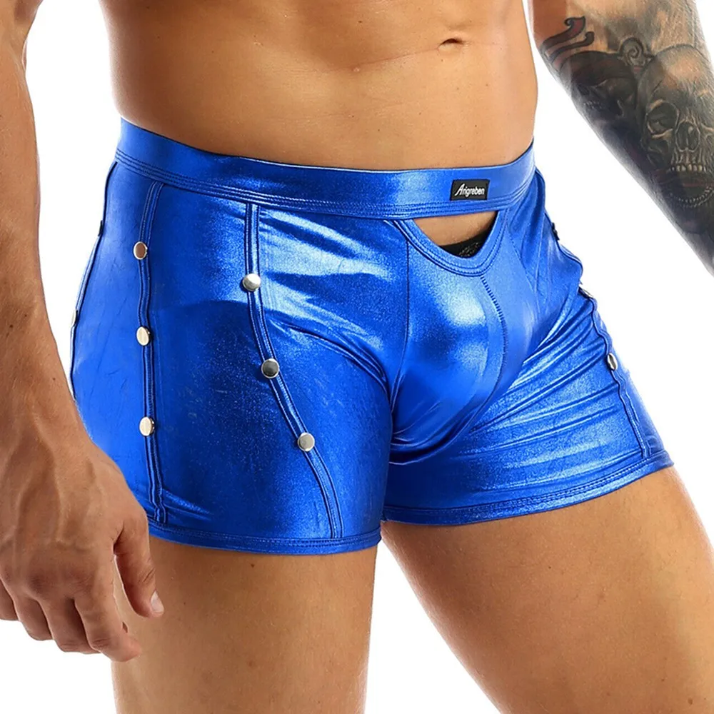 

Men Sexy Rivet Black Faux PU Leather Latex Shorts Boxers Erotic Hollow Out Shorts Male Panties Fetish Gay Club Wear