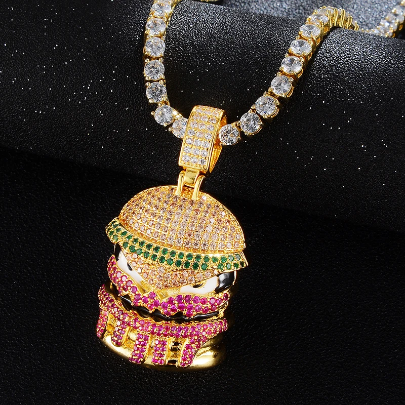 Хип-хоп Bling Hamburger Iced Cubic Zircon мужские ожерелья и подвески ювелирные изделия