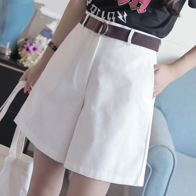 

2020 Women Shorts A-line Wide Legs Solid Color Sashes Casual Shorts High Waist Slim Short Femme Ladies Bottom Short Pants