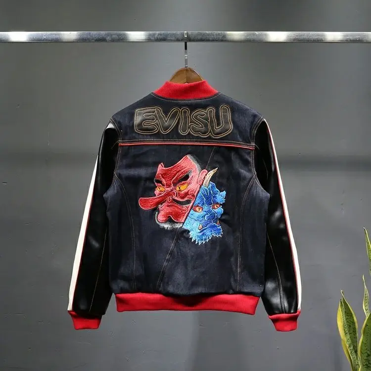 Подлинный Evisu, высокое качество, полный принт, модная теплая дышащая мужская куртка, Звездный Тренд, мужское джинсовое пальто, Тренч - Цвет: Черный
