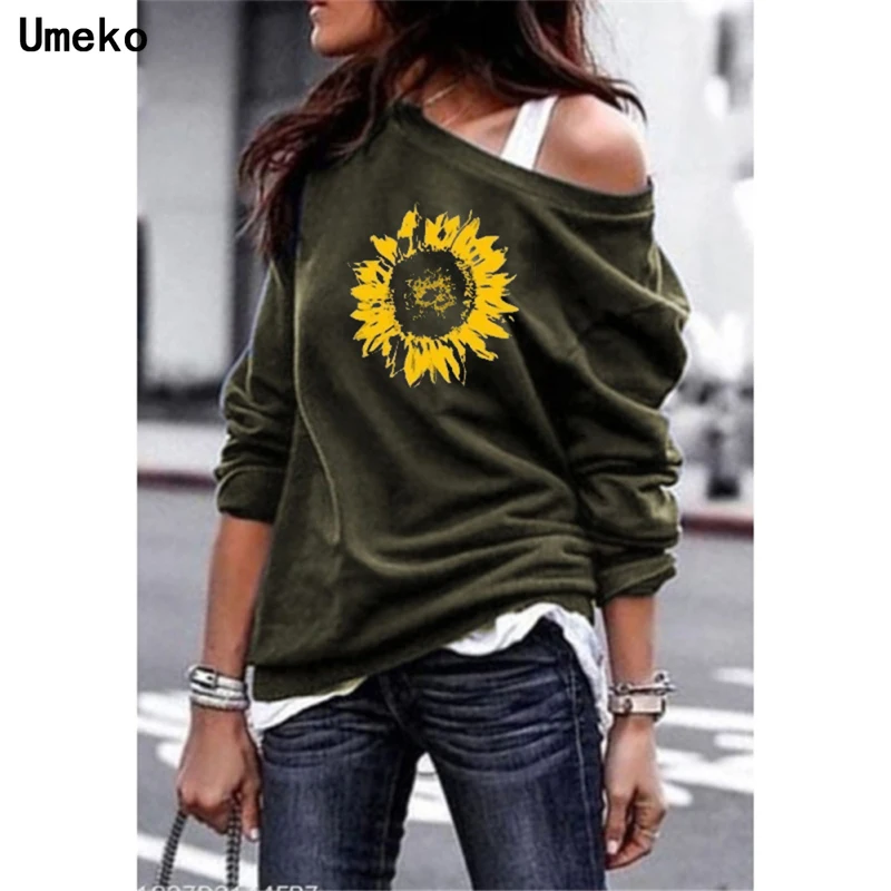 

Umeko 2019 Autumn Sweatshirt Women Casual Long Sleeve Sexy Off Shoulder Tops Vintage Geometric Printed Pullover Jumper Thin Top