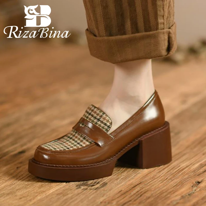 

RIZABINA Women'S High Heel Shoes Real Leather Slip On Shoes For Spring Women Daily Square Toe Female Footwear Size 34-40