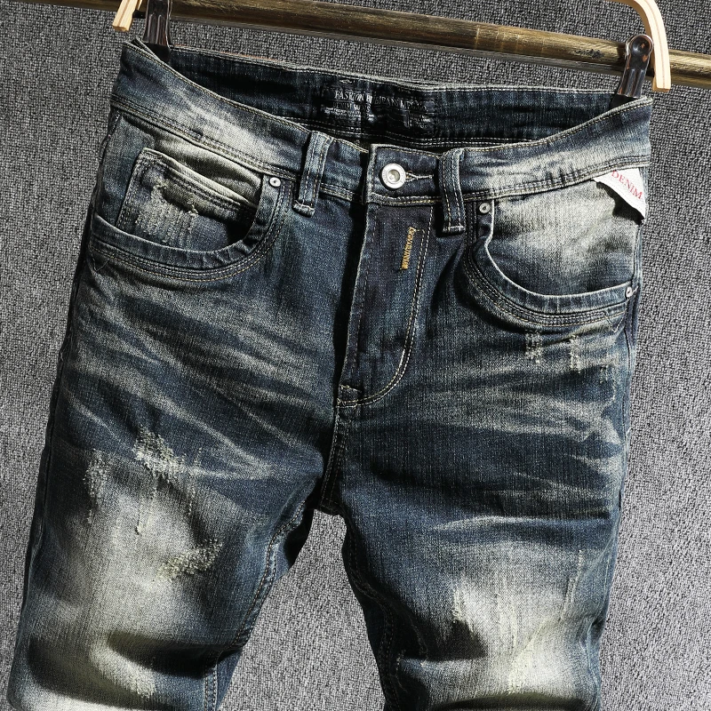 European Vintage Fashion Men Jeans Retro Blue Distressed Washed Elastic Slim Fit Ripped Jeans Men Designer Casual Denim Pants