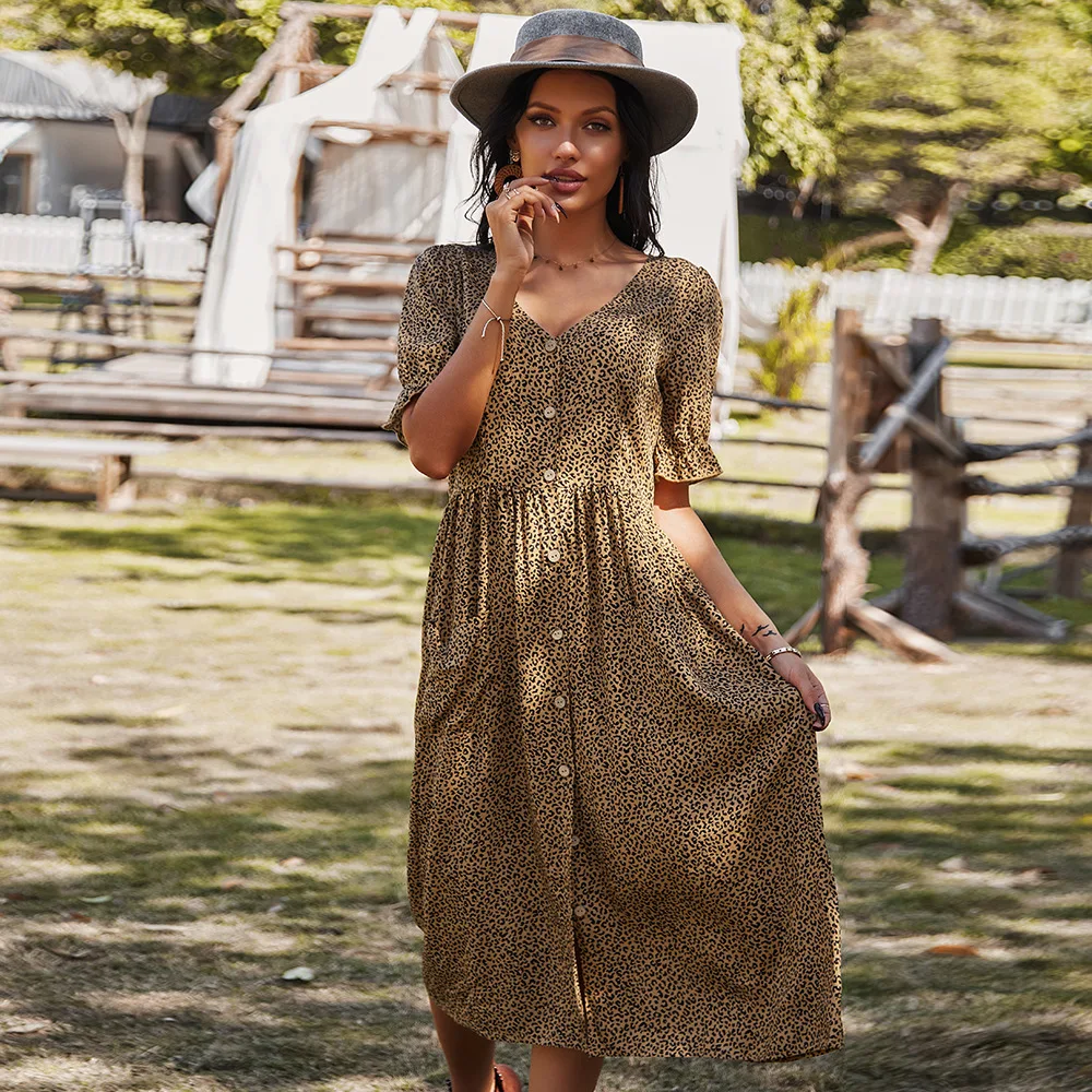 

Fashion Sexy Dress Casual Vacation Style 2021 Summer Women Single-Breasted V Neck Split Maxi Dress Short Sleeve Femme Vestidos