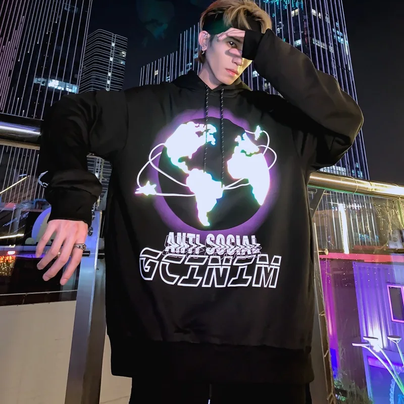 

Oversized Hoodie Men Earth Colorful Luminous Reflective Hooded Sweatshirts Men Fashion Casual Loose Hoodies Pullover Cotton Tops