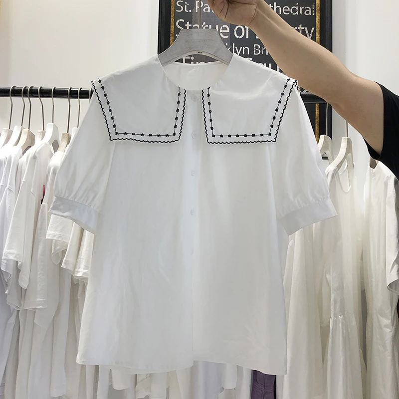 

QOERLIN White Shirts Vintage Girls Lady Loose Embroidery High Quality 2021 Retro Fashion Chic Hot All Match Casual Tops Blouses