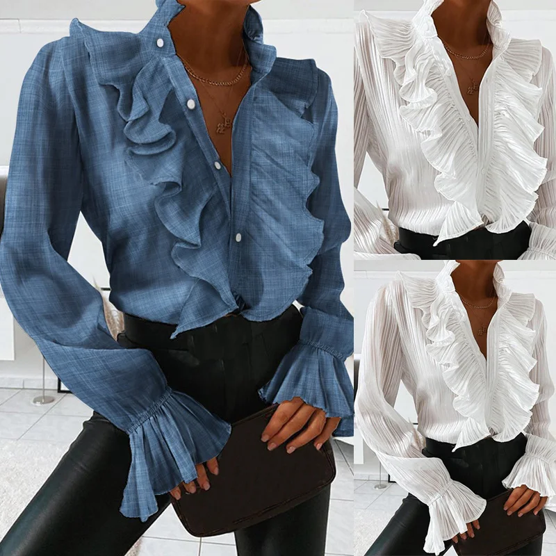 

2020 Women Chic Ruffles Blouses Long Sleeve Workwear Blouses Stand Collar Ladies Elegant Buttons Blouses Casual Office Clothes