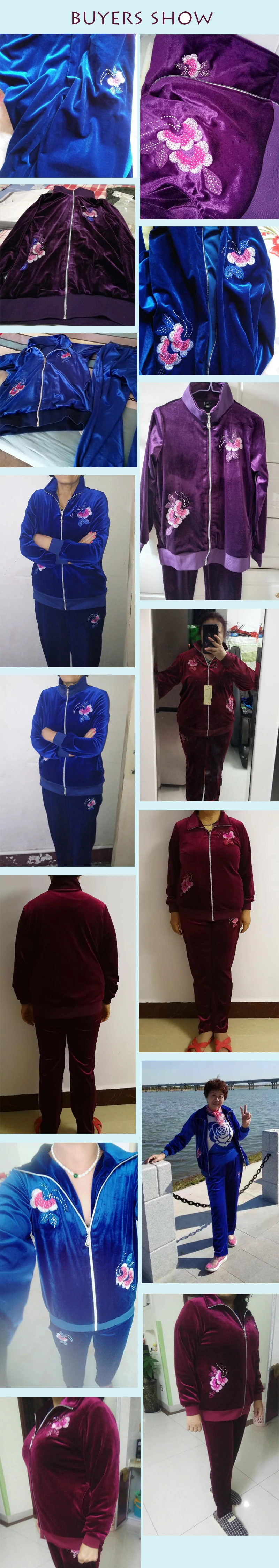 Комплект из двух предметов с вышивкой размера плюс 5XL, повседневный вельветовый спортивный костюм, костюмы для мамы, топ на молнии с длинными рукавами и штаны, модные спортивные костюмы