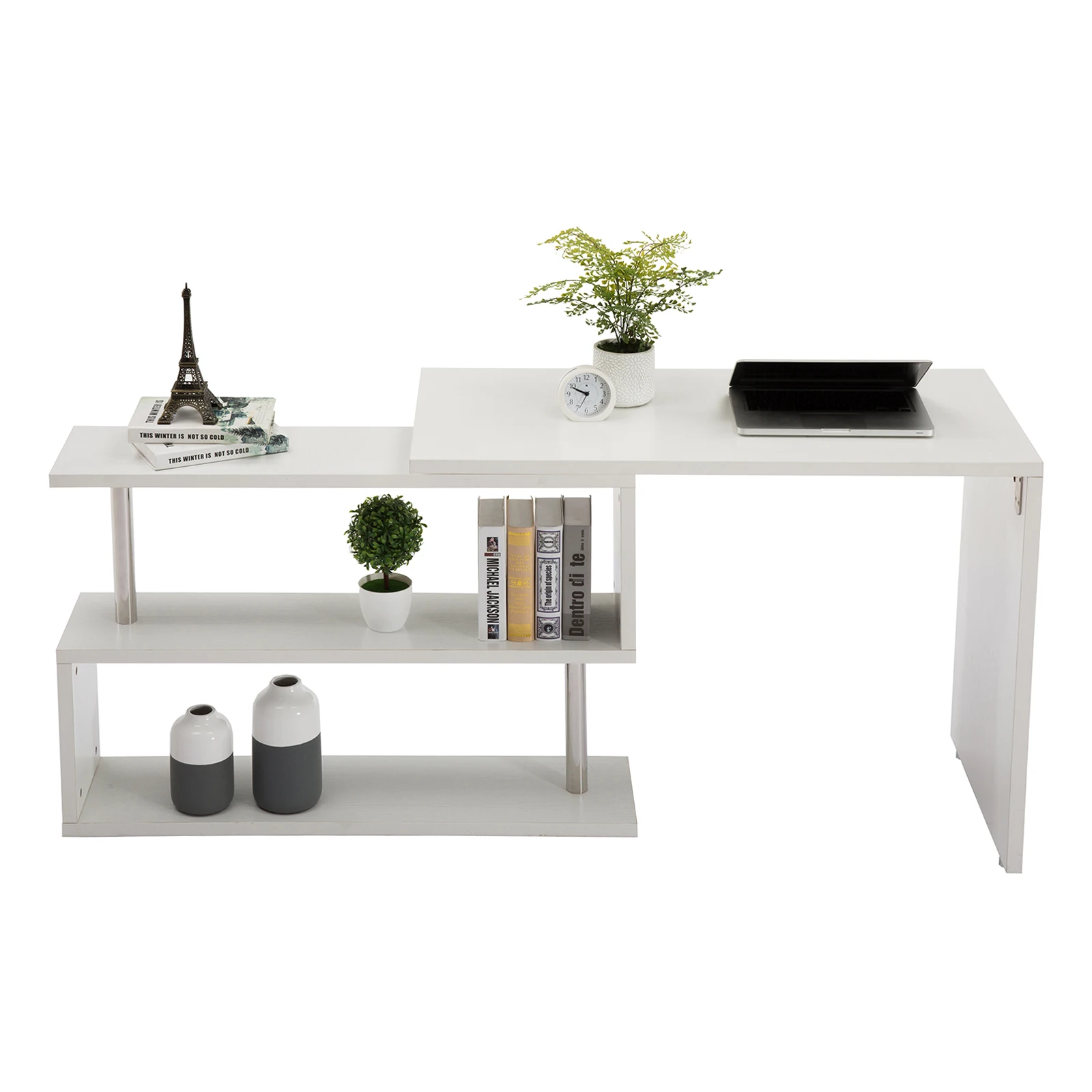 

360 Degree Rotating L-Shaped Corner Computer Desk PC Laptop Table Study Workstation with 2-Tier Storage Shelf White[US-Stock]