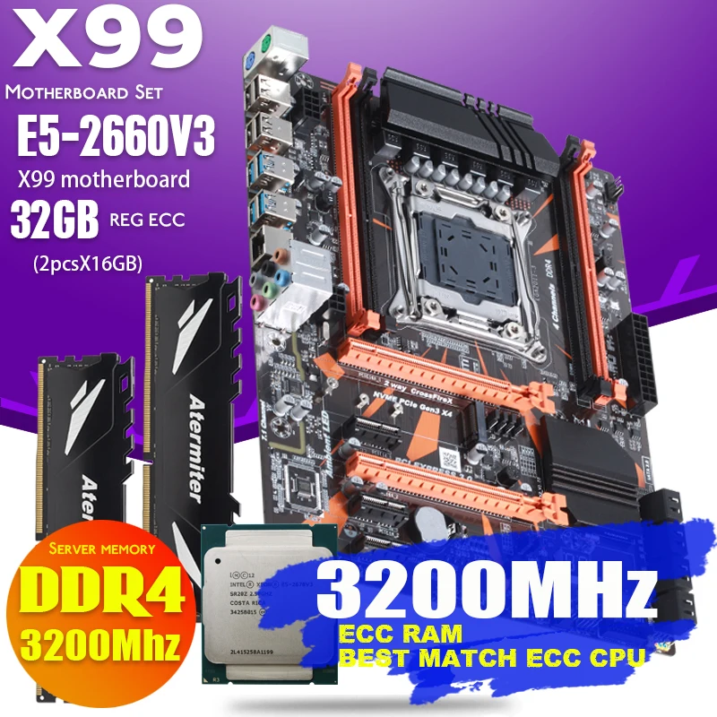 Atermiter X99 материнская плата ЦПУ процессор ОЗУ набор с Xeon E5 2660 V3 2 шт. * 16 ГБ = 32 Гб 3200