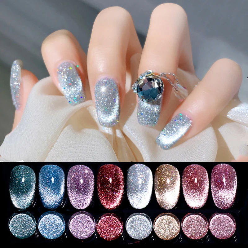 

SKVP Reflective Cat Eye Gel Nail Polish Varnish Semi Perman Gel Nail Art Gel 8ML Glitter Effect Soak Off UV Gel for Nails Design