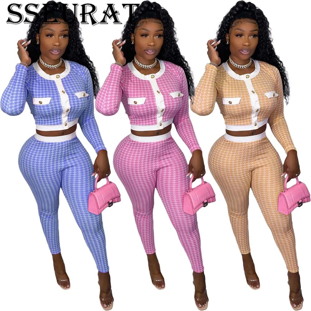 

SSEURAT Houndstooth 2 Piece Set Women Long Sleeve Crop Top Pant Fall Tracksuit Outfits