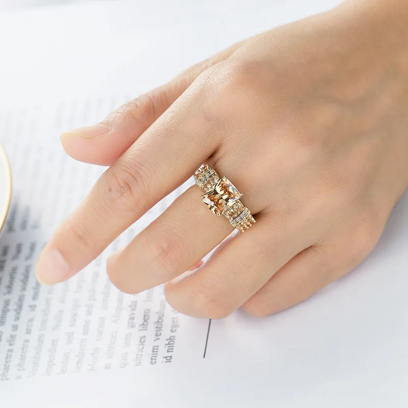 Роскошные Шампанское золотое кольцо с большим Цирконом кристалл куб элегантные