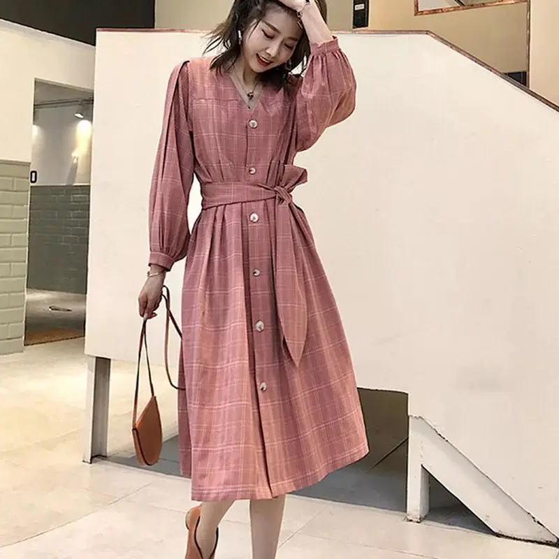 KINOMI осенние женские повседневные клетчатые длинные платья с длинным рукавом