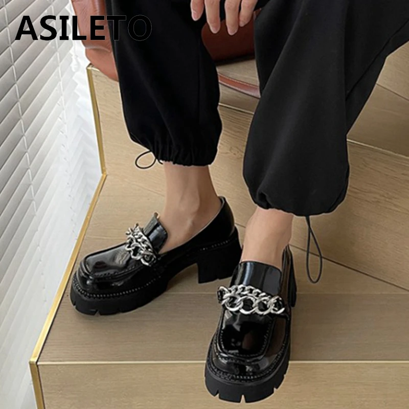 

ASILETO Новинка 2021 женские туфли-лодочки с квадратным носком 6 см Толстая подошва из натуральной кожи цепи стильные универсальные Большие разм...