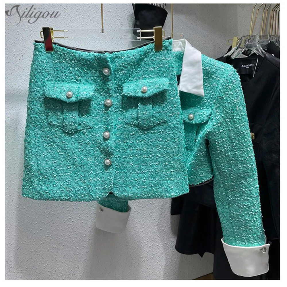 

Ailigou 2021 New Autumn Tweed Two-Piece Suit Fashion Woolen Tweed Jacket Coat + Elegant A-Line Skirt Suit Two-Piece Set