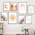 Настенная картина в скандинавском стиле с изображением солнца, луны, звезд, облаков, радуги, гор, букв, настенные картины, декор для детской комнаты