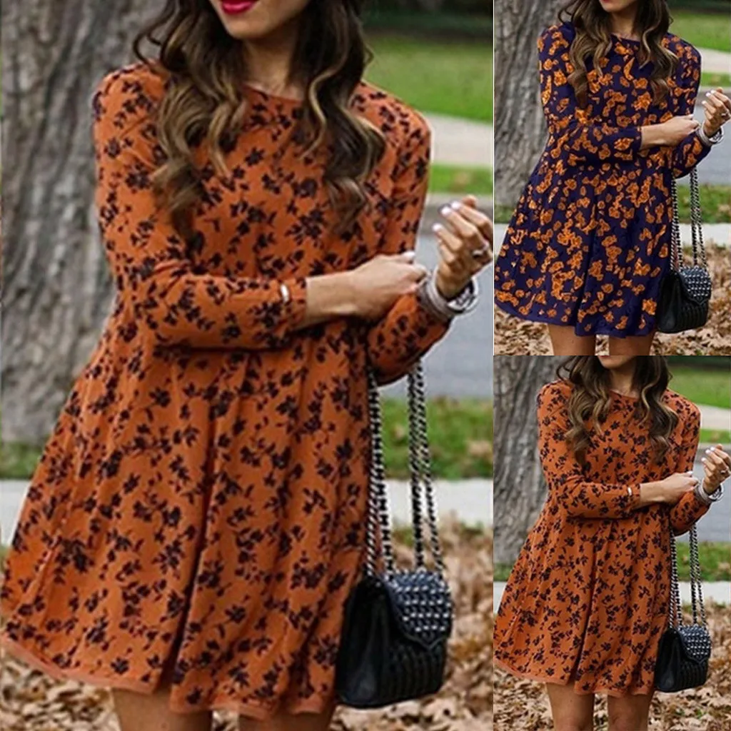 Женское короткое платье с цветочным принтом Осеннее свободное эластичной талией