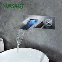YANKSMART LED Light Bathroom Nickel Brushed Solid Brass Faucet Waterfall Mixer Tap Wall Mounted Single Handle Basin Sink Faucets
