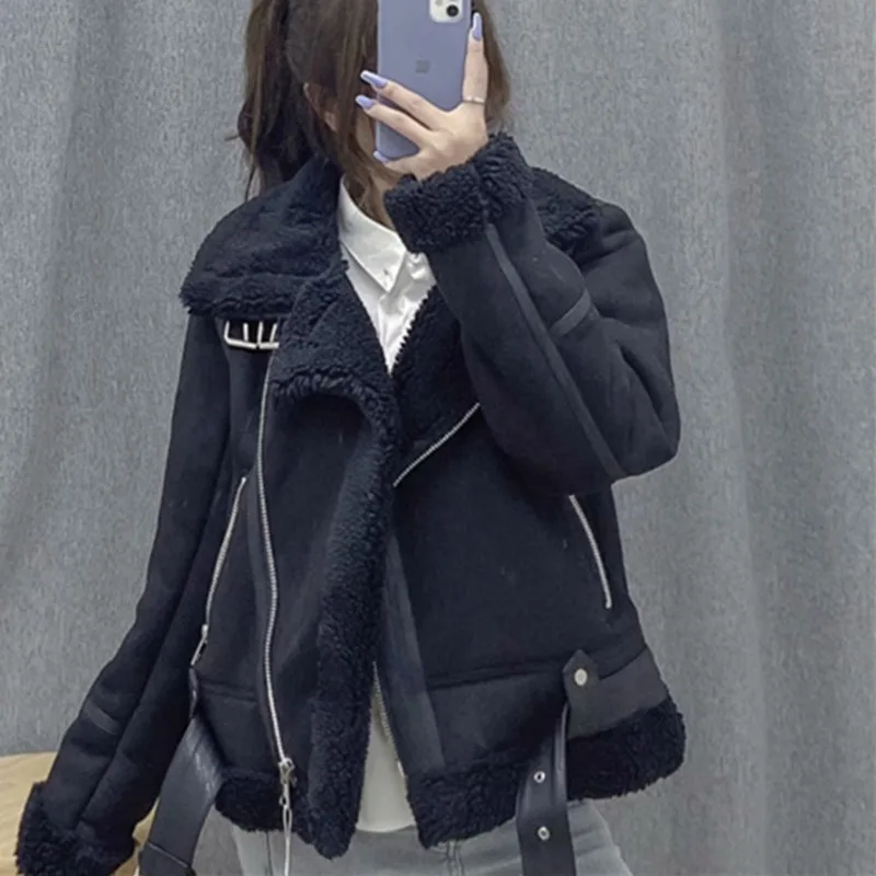 

2020 New Women's Jacket Faux Shearling Sheepskin Retro Suede Fur Motorcycle Belt Leisure Loose Zaring Woman s