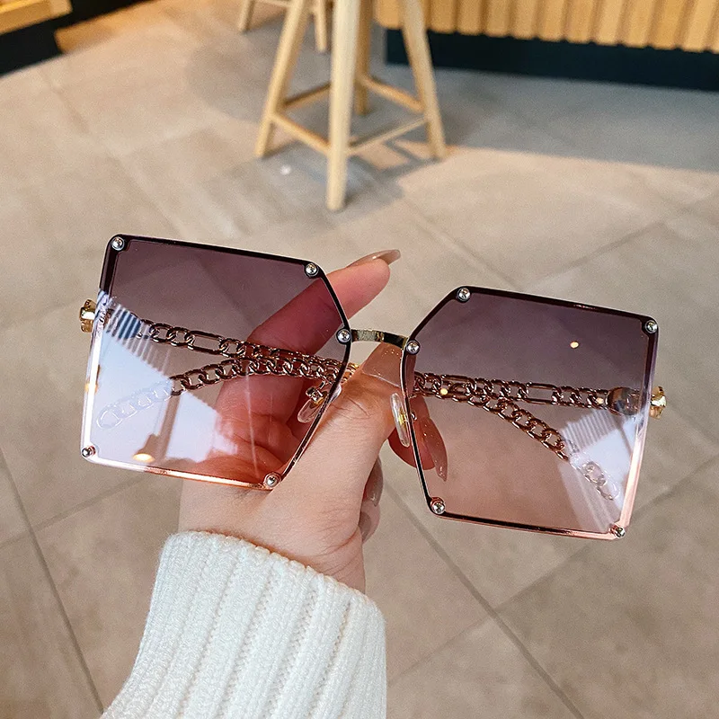 

Fashion Women Rimless Square Sunglasses Gradient Shades Vintage Rivet Chain Design Brand Sun Glasses Trendy Men Driving Glasses