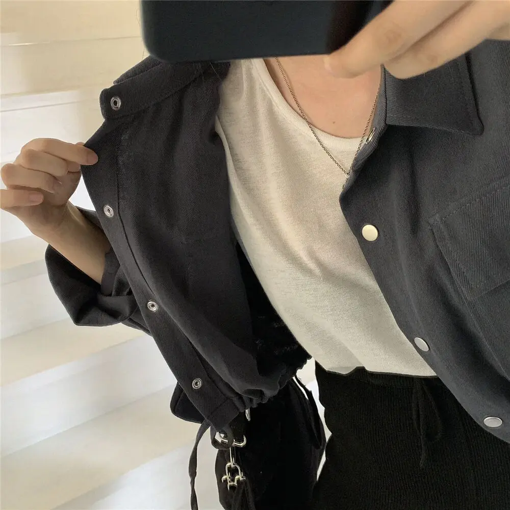 

Vintage Loose Short Jacket Women Long Sleeve Outerwear Casual Single Breasted Solid Color Tops Female Spring Autumn Clothing