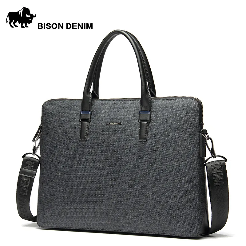 Мужская модная роскошная сумка BISON DENIM черный деловой портфель из спилка для