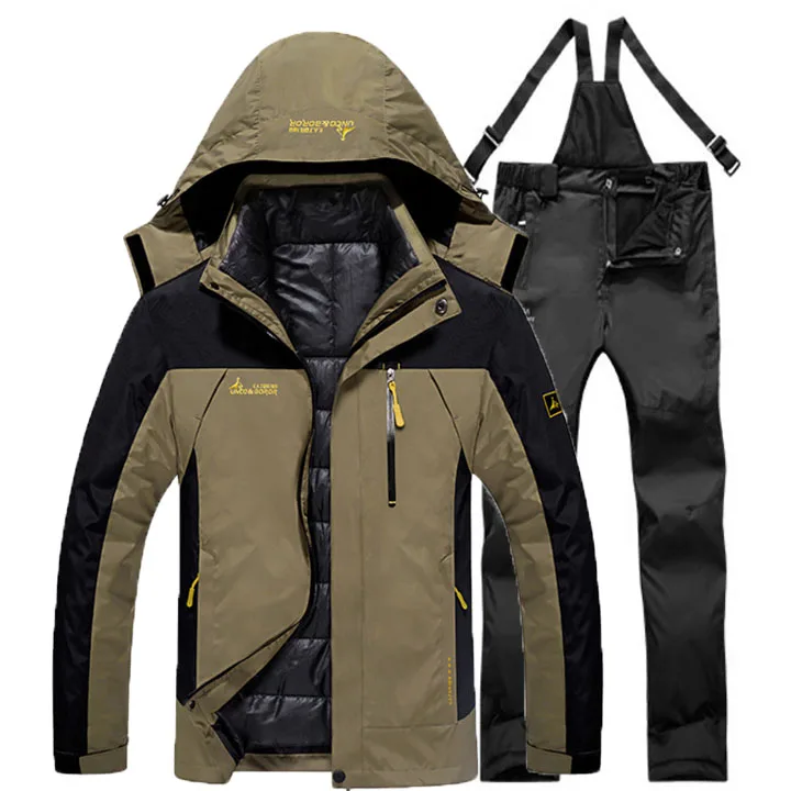 khaki black Мужская зимняя Лыжная походная куртка Костюмы на природе Рыбалка походы треккинг водонепроницаемый ветрозащитный термо 2 в 1 куртки+ съемные брюки - Цвет: khaki black
