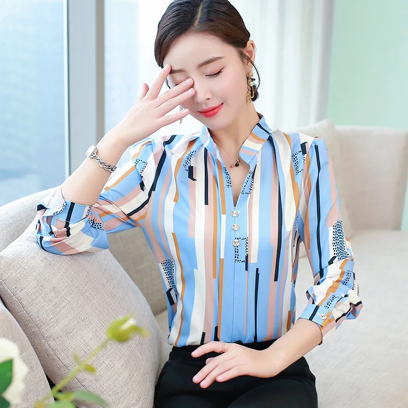

New 2020 Spring Autumn Tops Women Work Blouse Casual Long Sleeve Slim Button Multicolor Striped Shirts Fashion Korean Style Top