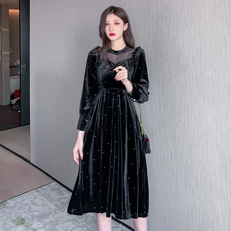 

2020 The New Spring Women Black Dress Long Sleeve Vintage Fashion Elegant Casual Ladies Korean Sexy Gold Velvet Maxi Clothes