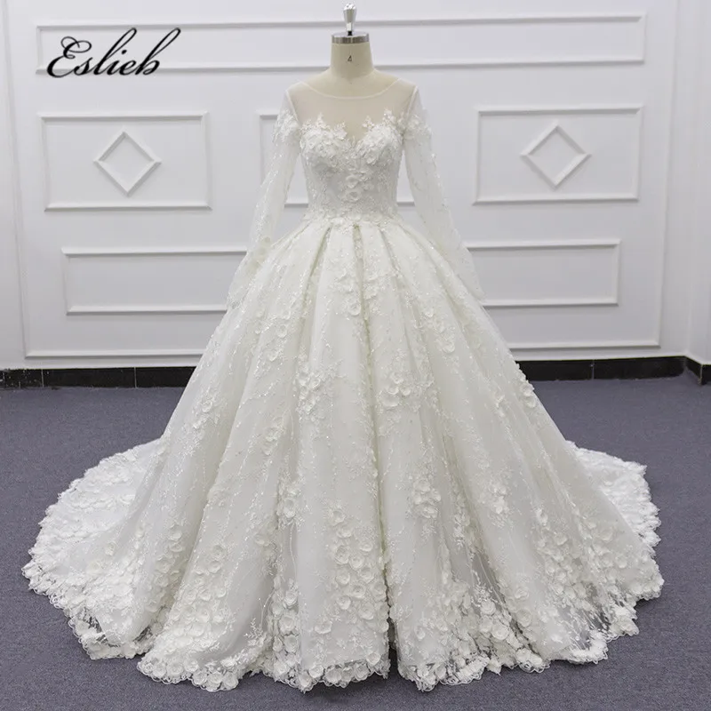 

SJ105 реальное фото оптовая цена цвет слоновой кости о-образный вырез длинный рукав 3D цветок кружево свадебное платье бальное платье