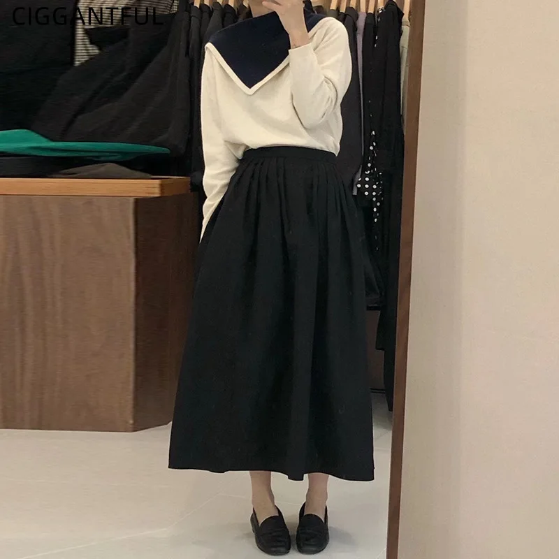 

Korean Chic Style Elegant Lapel Contrast Color Knit Sweater High Waist A Line Long Skirt Suit Two Piece Set Fashion Outfits