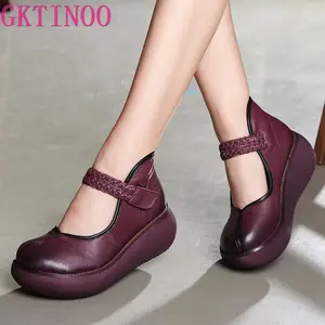 2022 весенняя обувь из натуральной кожи, женские туфли-лодочки; Модные женские туфли на платформе, туфли на танкетке с круглым пальцы, лодыжки на высоком каблуке с ремешком на щиколотке женская обувь