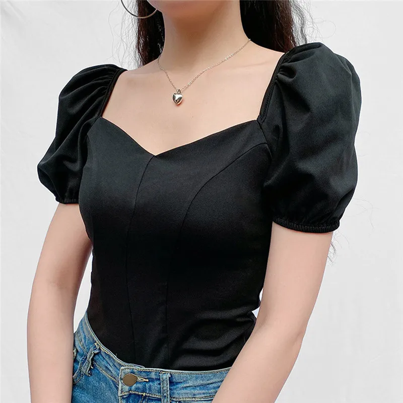 Винтажная Женская забавная футболка с пышными короткими рукавами топы футболки