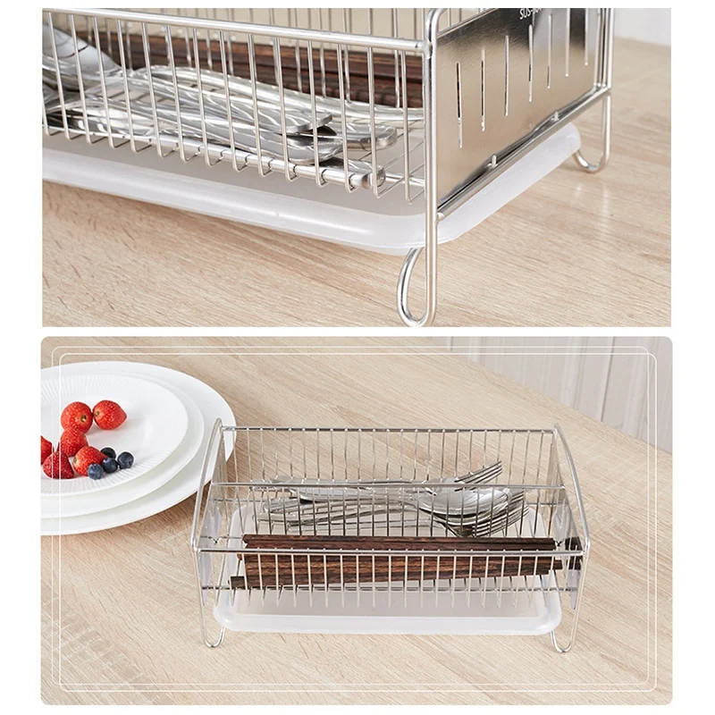 

Tableware Organizer Holder Kitchen Sink Storage Rack Stainless Steel Tableware Drain Rack with Tray