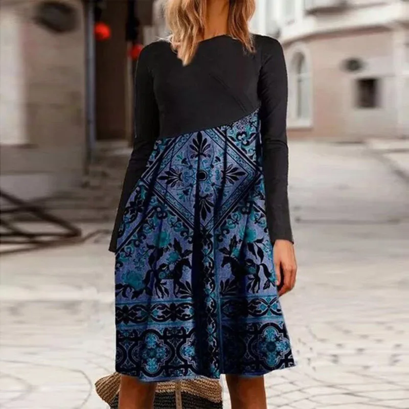 

Vintage Print Women Party Dresses 2021 Autumn Fashion Elegant O-neck Long Sleeve Patchwork Ladies Mini Dress Casual Loose Dress