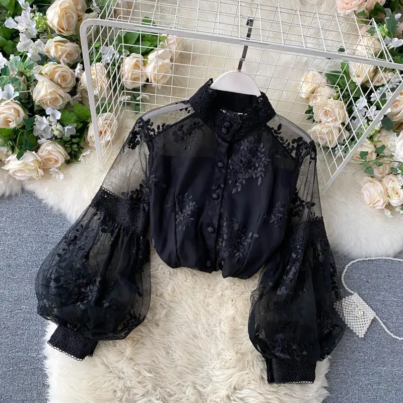 

Court Slim Shirt Elegant Blouse Mesh Lace Tops Women's Stand Collar 3D Embroidered Long Lantern Sleeve