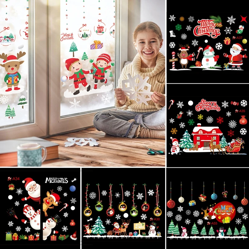 2021 Merry Christmas Wall Stickers Window Glass Decorations For Home Decorative Decal Ornaments Xmas New Year | Дом и сад