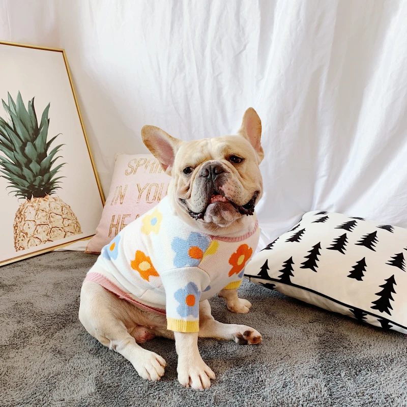 Свитер для собаки с милыми цветами одежда собак вязаная Валли корги мопса
