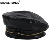 showersmile womens hats with zipper decoration black winter hat leather berets caps for women designer brand special artist cap