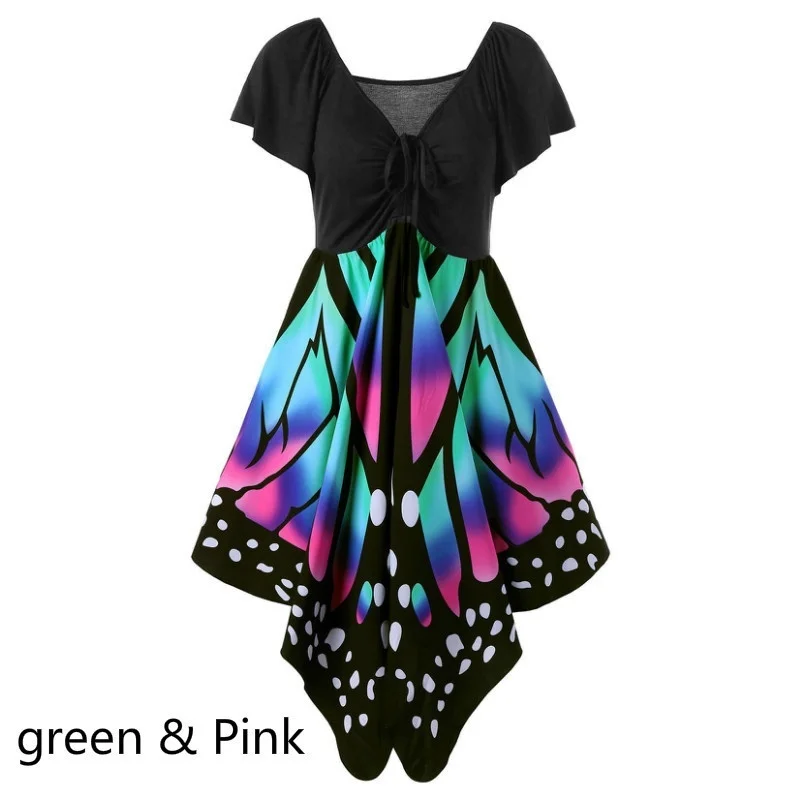 Женское платье с коротким рукавом асимметричным принтом бабочки на шнуровке