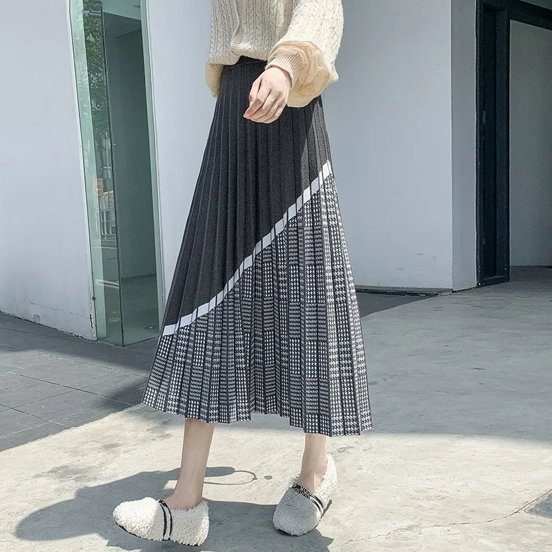 

Skirts Womens Swallow Gird Knitted Skirt Nylon Color Contrast Skirt High Waist Long Pleated Skirt Dress Women Black/Gray Female
