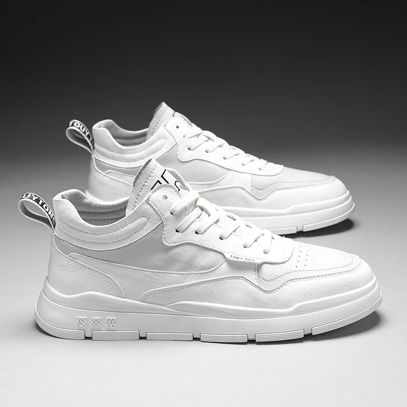 

2021 Spring Men Casual Lace Up Sneakers White Leather Casual Sneakers Man Anti Slip Walking Shoes For Mens Fashion Flat Shoes