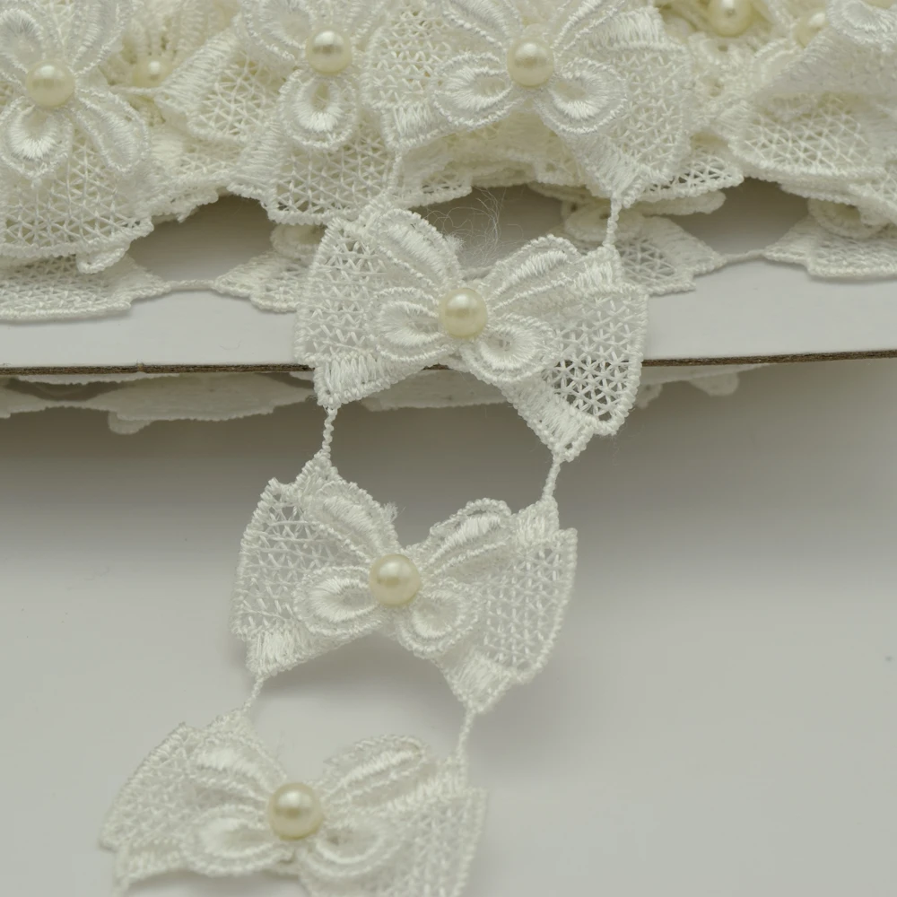 

14yards White Pearl Lace Ribbon Bow Sewing Trim Applique Sew On Patch 4cm widthLeiao Craft