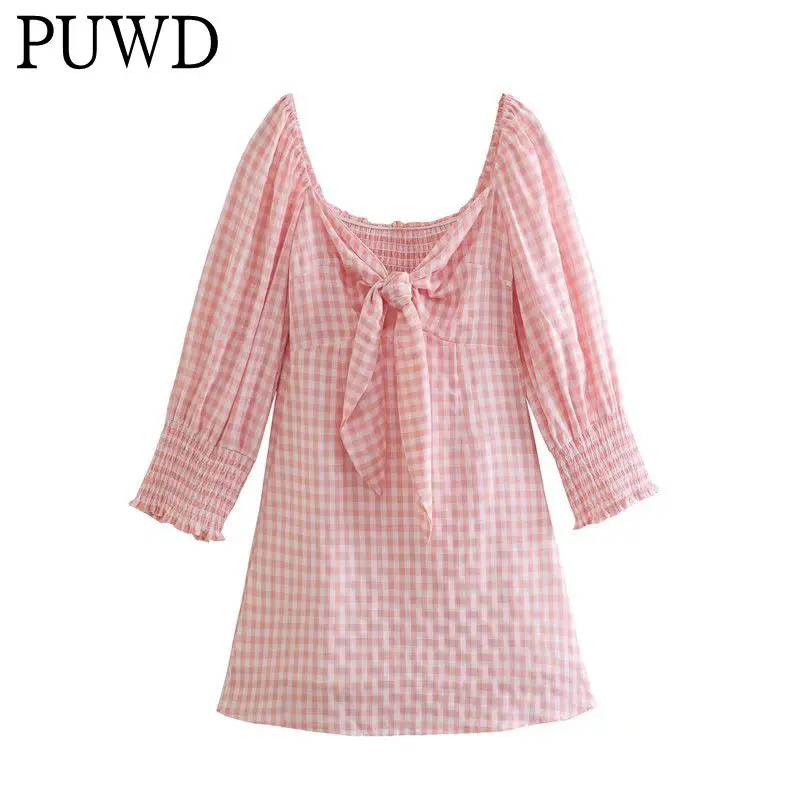 

Женское элегантное зеленое платье-миди PUWD, весна 2022, модные женские розовые длинные платья в клетку с принтом и рукавами, винтажное женское ...