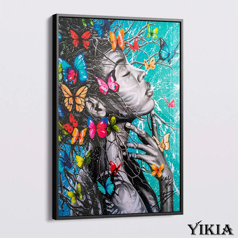 

Blue Black Butterfly and Woman Canvas Painting Abstract Art Poster Nordic Creativity Modern Art Figure Wall Home Decor Picture