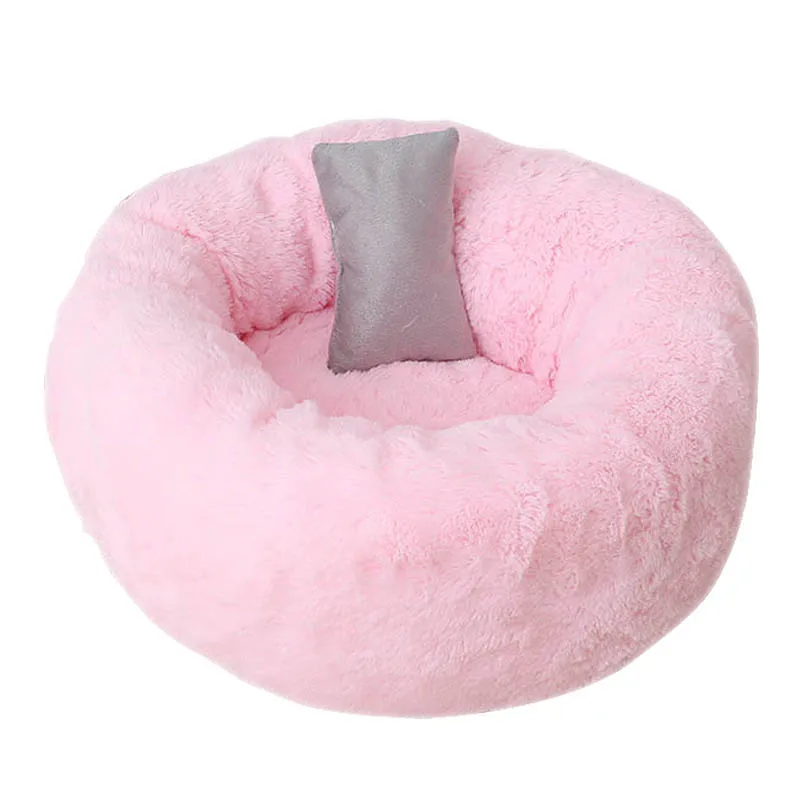 Pets Shag Plush Donut Cuddler Calming Bed Round Plush Cat Dog Mat Sleeping Bed with Pillow E2S