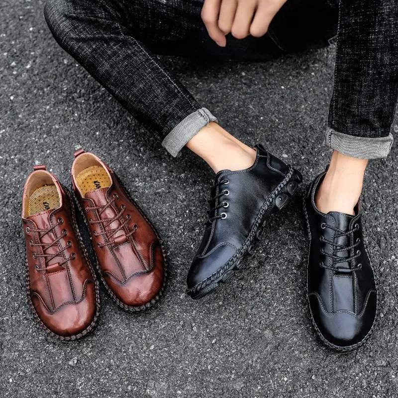 

New Genuine Leather Men Shoes Comfortable Flat Loafers Fashion Walking Casual Shoes Lace-Up Driving Shoes Zapatos De Hombre