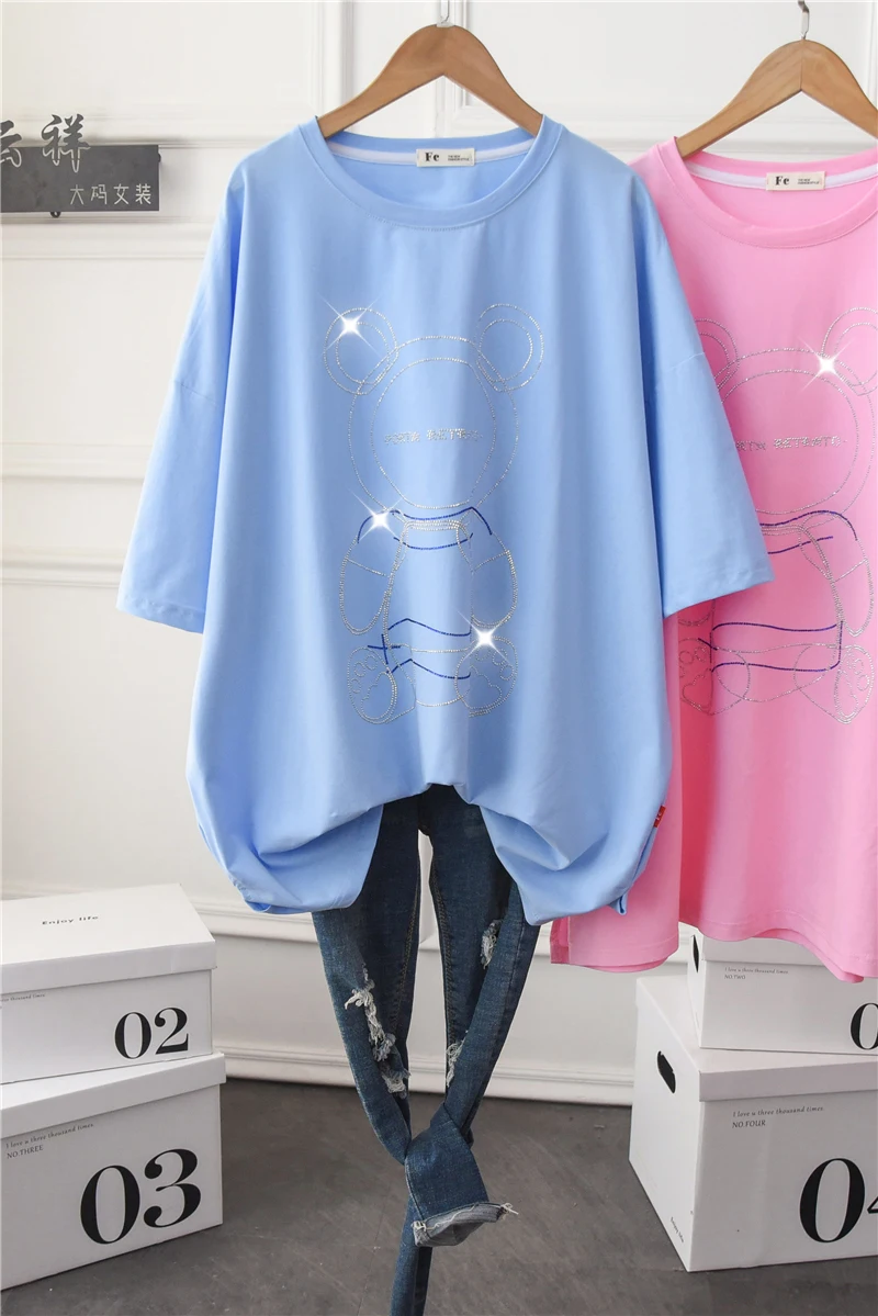 

Large Size T-shirt Female Cartoon Pattern Loose round Neck Mid-Length Half-Sleeve Summer Wear Graphic Tee Kawaii Clothes