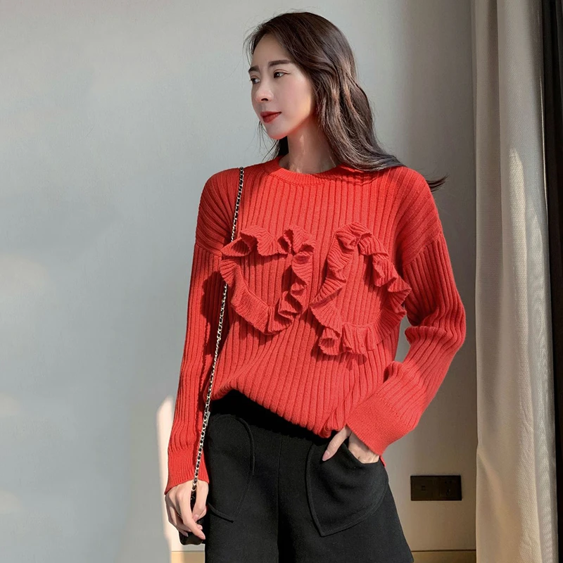 TWOTWINSTYLE Casual Red Striped Knitting Sweaters For Women O Neck Long Sleeve Autumn Pullovers Female Fashion Clothing New